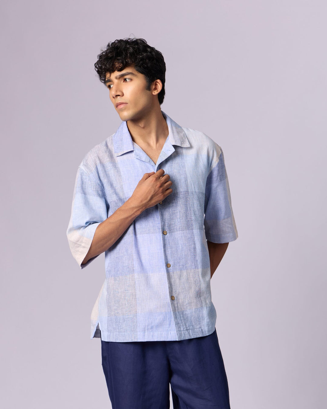 Men's Checked Camp Collar Cotton Shirt - Powder Blue - view 3 of 6