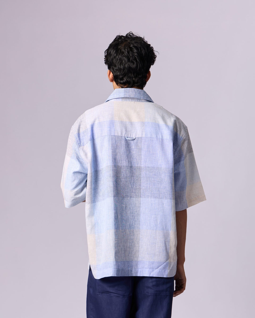 Men's Checked Camp Collar Cotton Shirt - Powder Blue - view 4 of 6