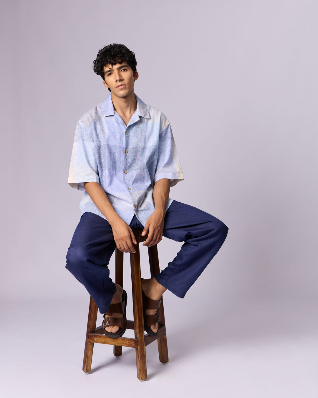 Men's Checked Camp Collar Cotton Shirt - Powder Blue - view 5 of 6