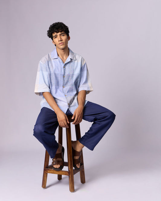 Men's Checked Camp Collar Cotton Shirt - Powder Blue - view 5 of 6