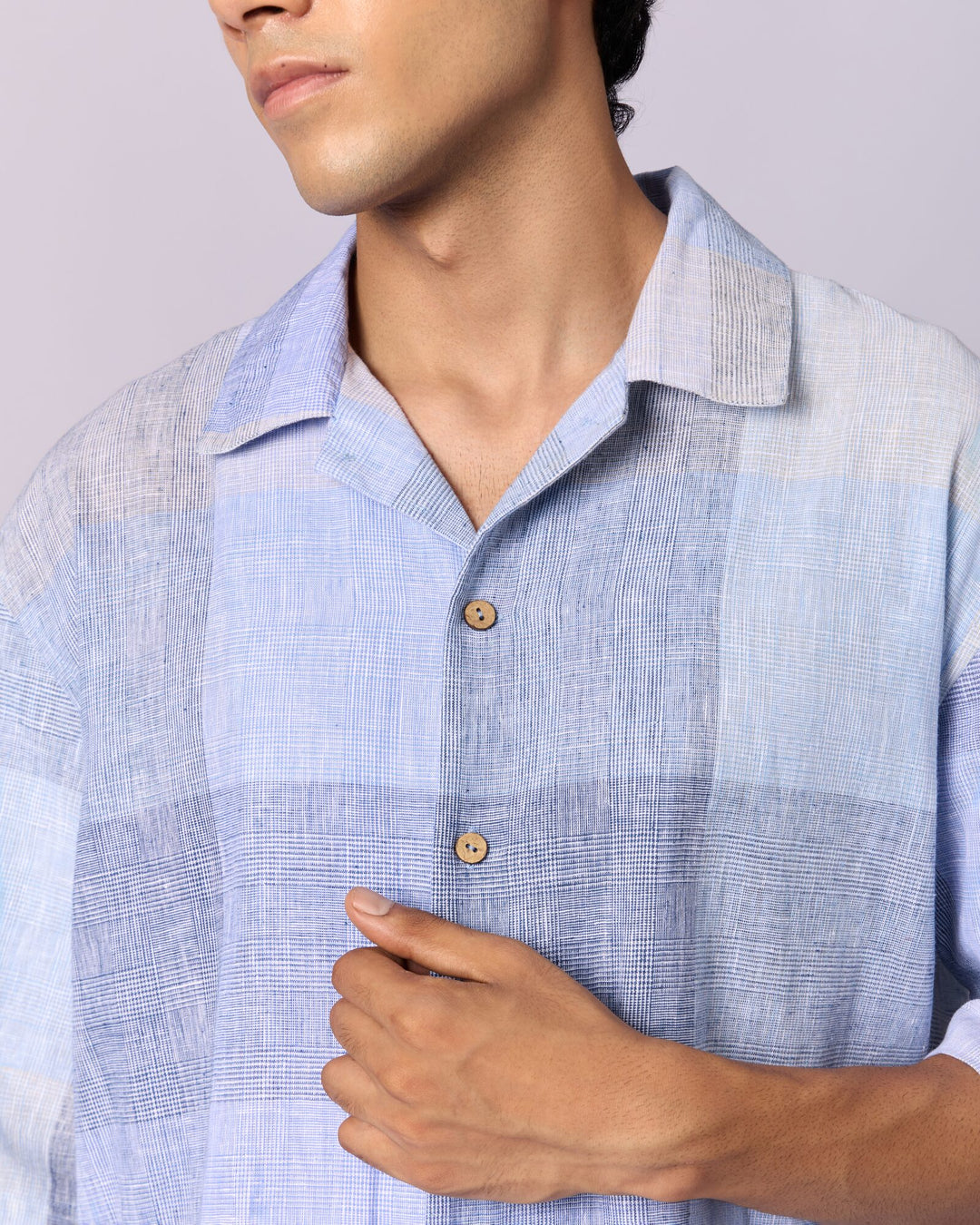 Men's Checked Camp Collar Cotton Shirt - Powder Blue - view 6 of 6