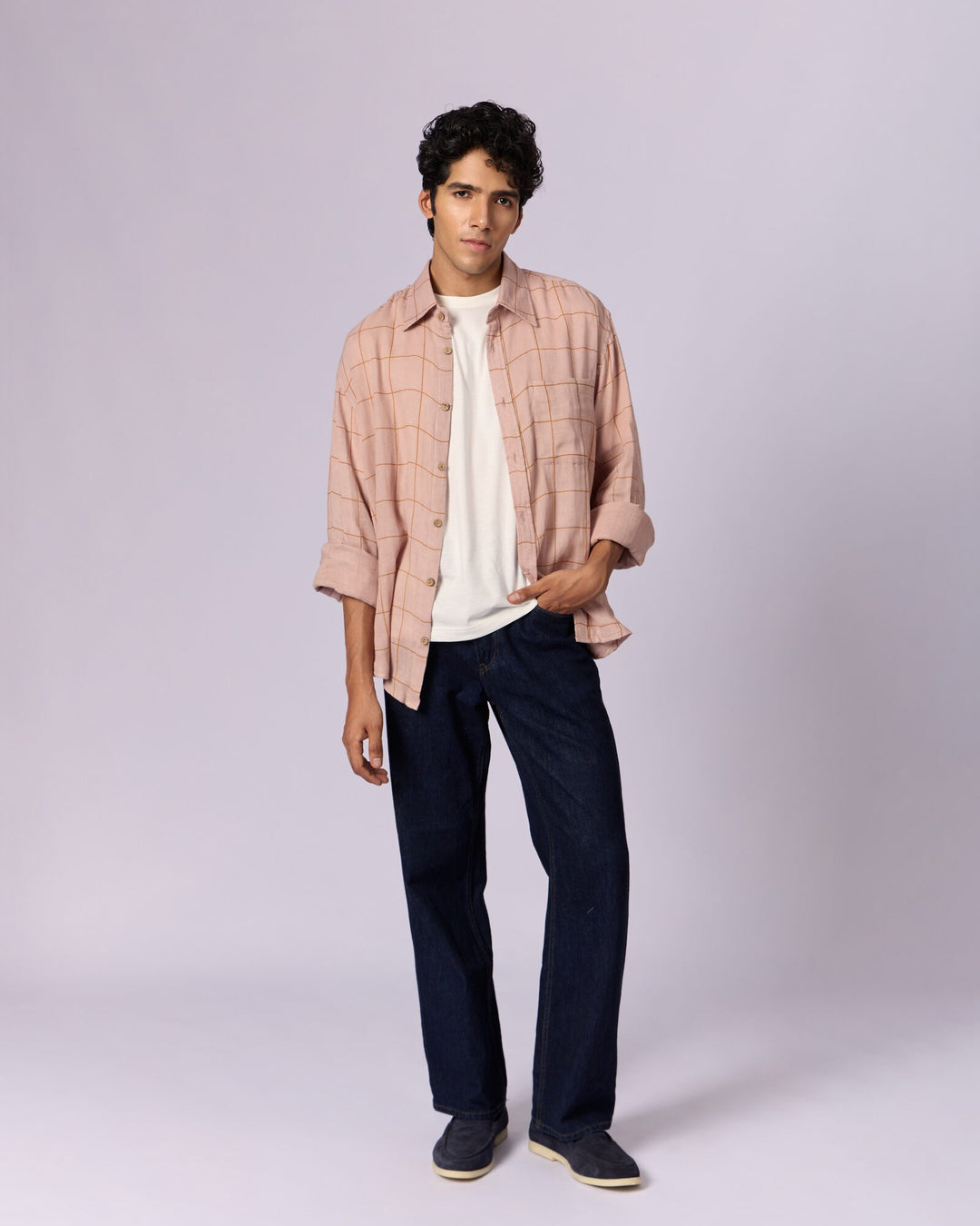 Men's Checked Cotton Overshirt - Dusty Rose - view 3 of 5