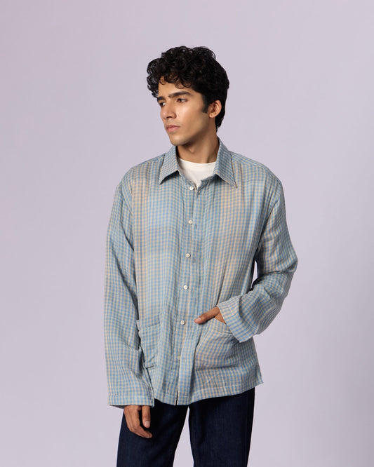 Men's Checked Cotton Overshirt - Sky Blue by Modus & Mood