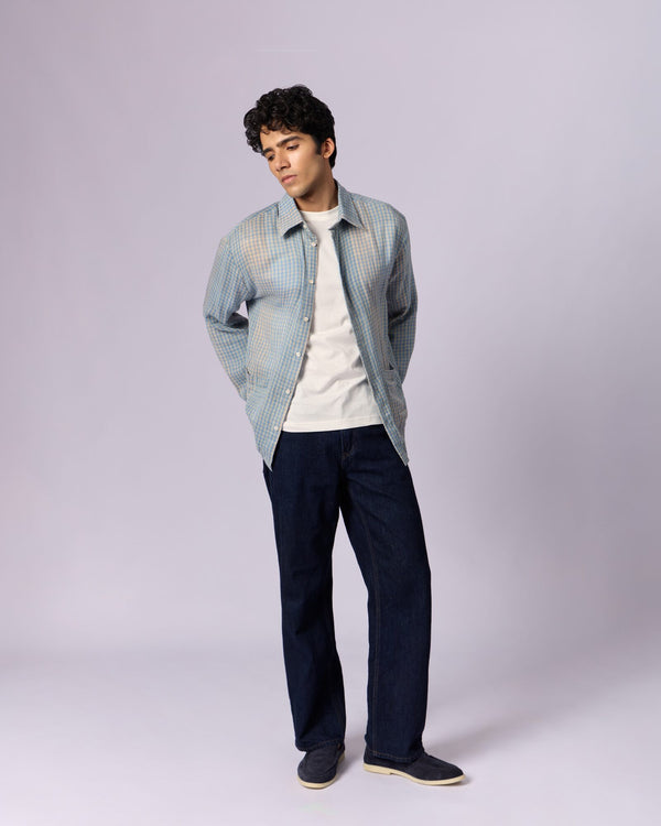 Men's Checked Cotton Overshirt - Sky Blue - view 2 of 6