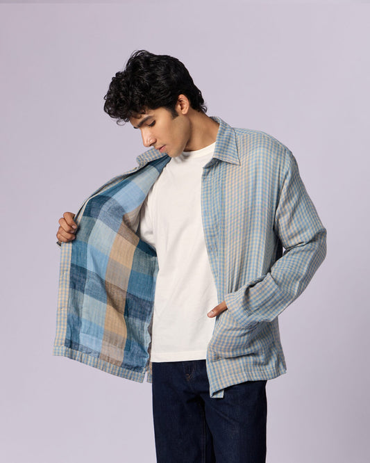 Men's Checked Cotton Overshirt - Sky Blue - view 3 of 6