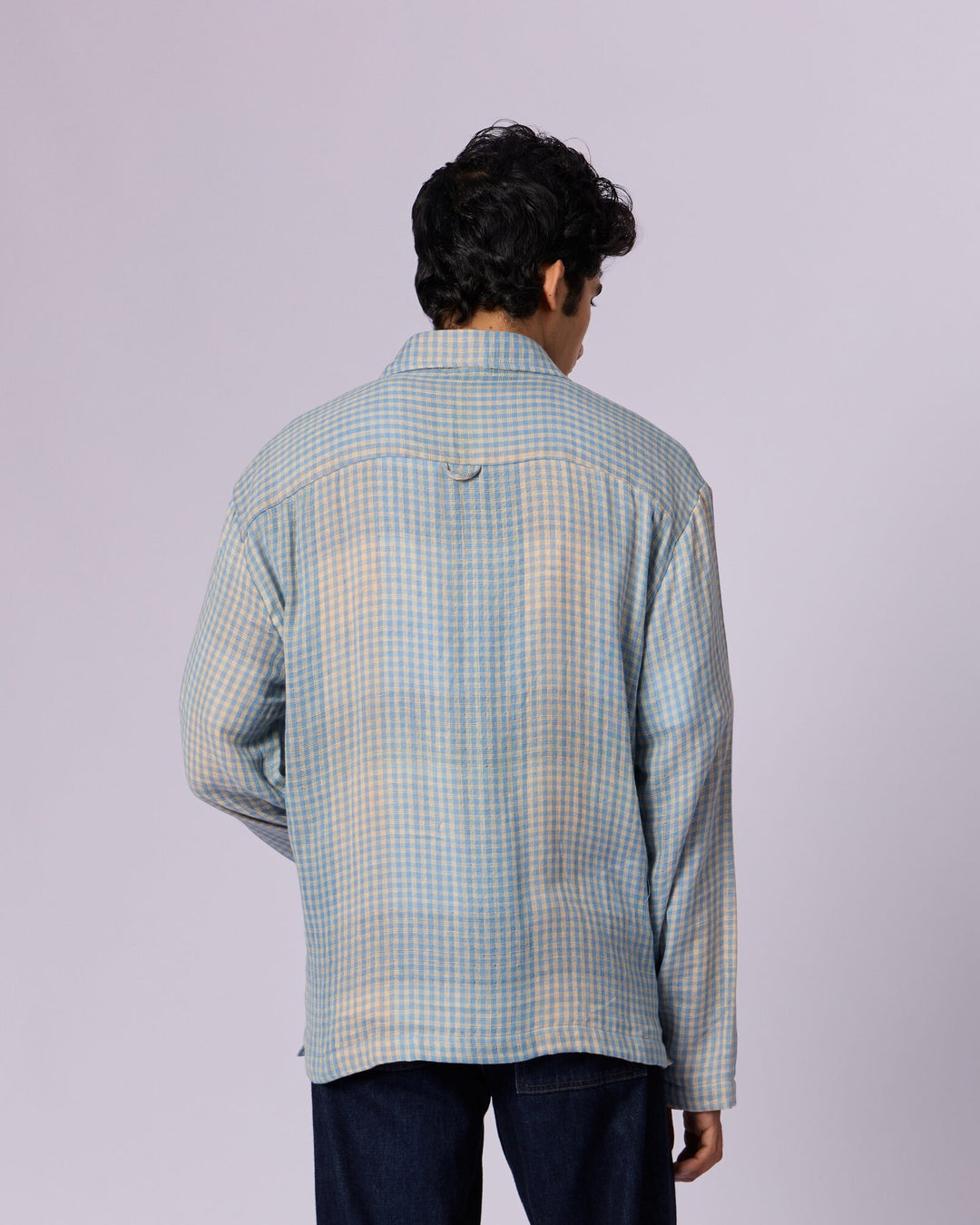 Men's Checked Cotton Overshirt - Sky Blue - view 4 of 6