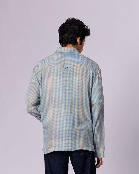 Men's Checked Cotton Overshirt - Sky Blue - view 4 of 6