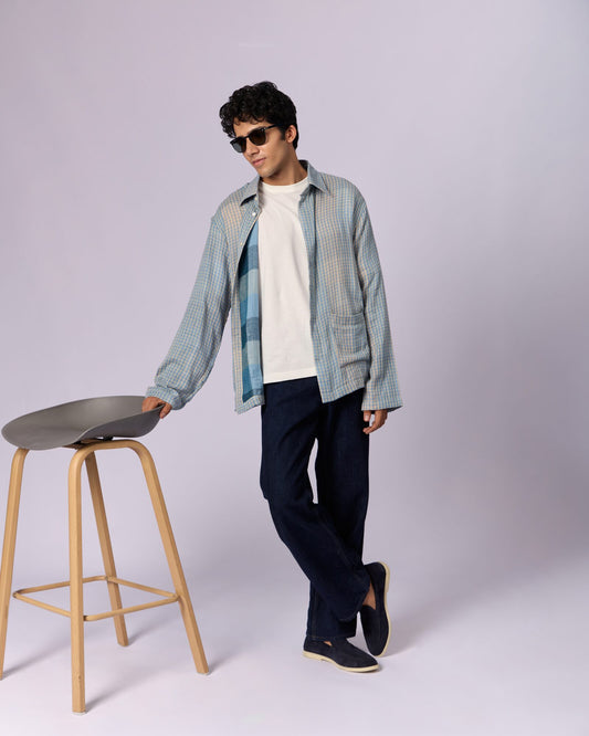 Men's Checked Cotton Overshirt - Sky Blue - view 5 of 6