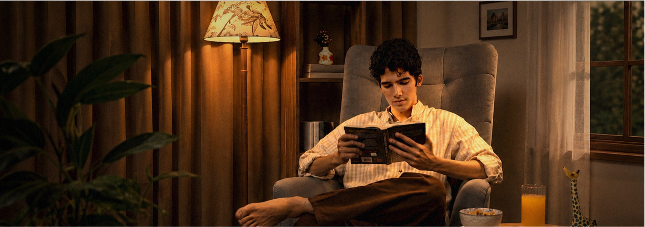 Reading in a warm lamplit corner at home, Modus & Mood concept