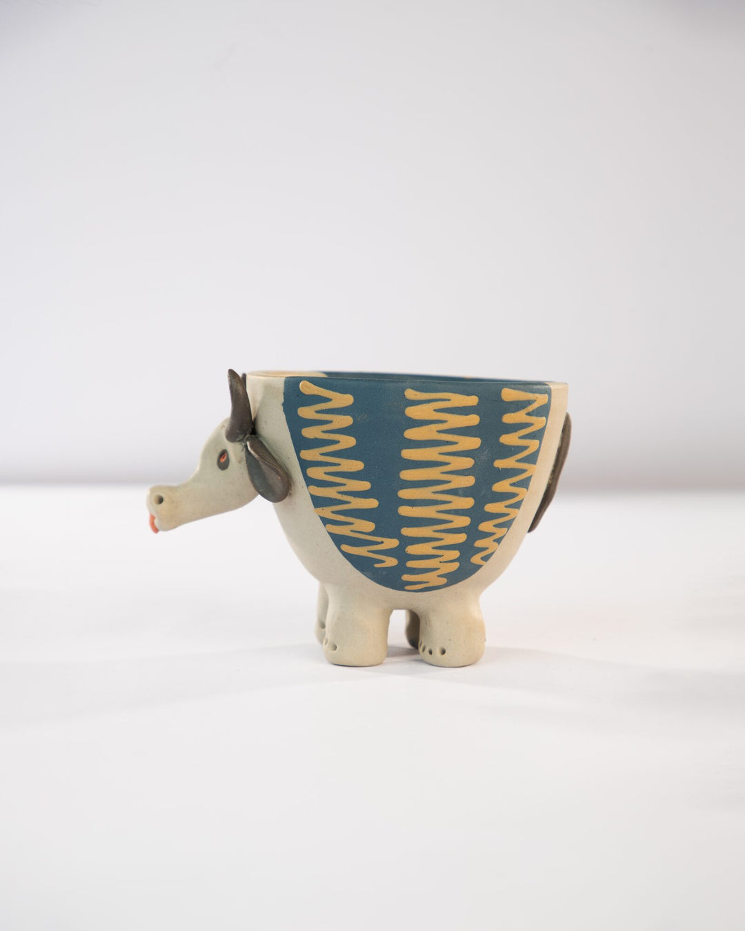 Moo Mood Nerikomi Ceramic Cow Planter - Teal Zigzag - view 3 of 5