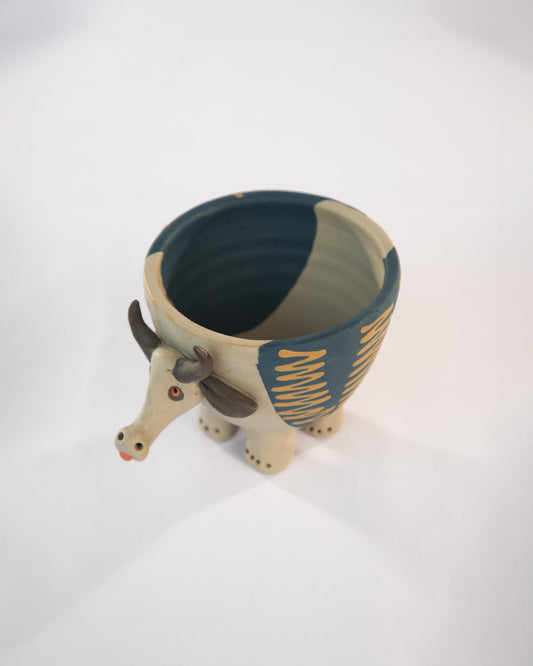 Moo Mood Nerikomi Ceramic Cow Planter - Teal Zigzag - view 4 of 5