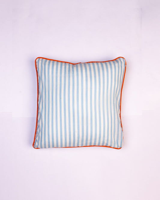 Stripe & Trim Cotton Cushion Cover - Sky Blue - view 3 of 3