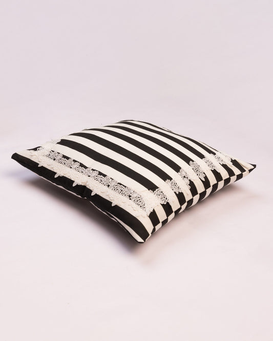 Fringed Stripe Cotton Cushion Cover - Black & White - view 2 of 3