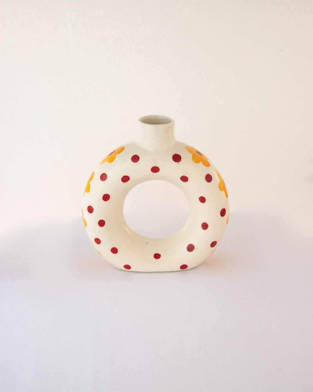 Polka Dot Hand-Painted Ceramic Donut Vase - Red & Ochre - view 2 of 4