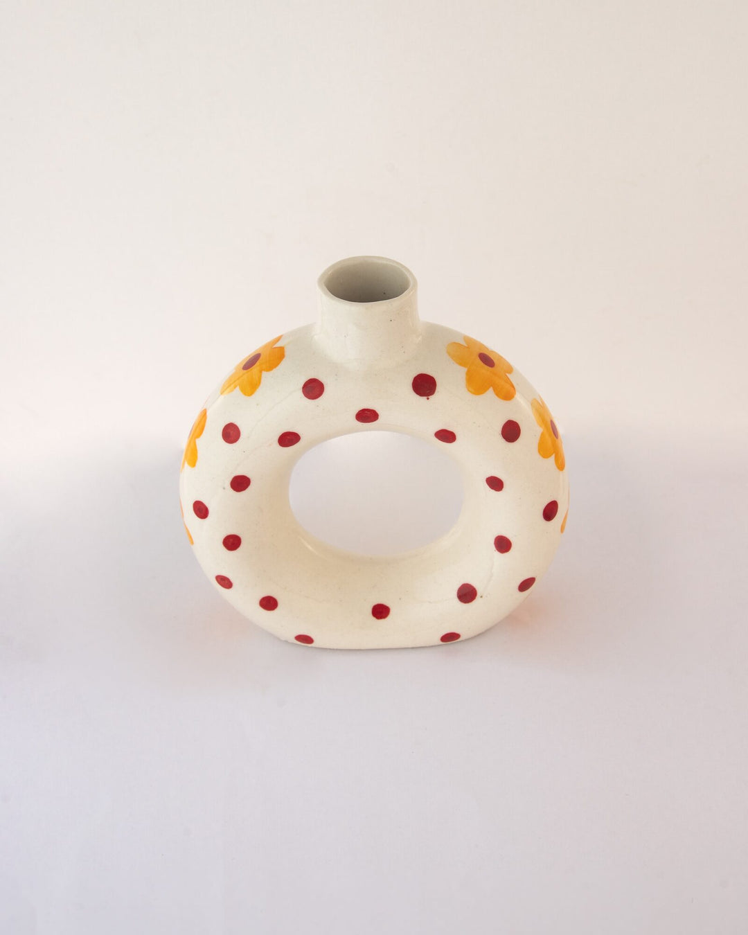 Polka Dot Hand-Painted Ceramic Donut Vase - Red & Ochre - view 3 of 4