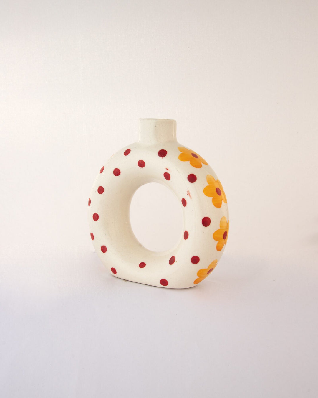 Polka Dot Hand-Painted Ceramic Donut Vase - Red & Ochre - view 4 of 4