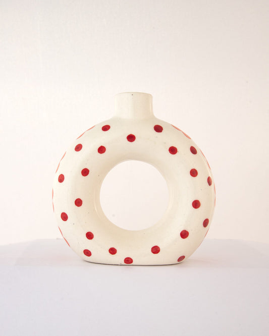Polka Dot Hand-Painted Ceramic Donut Vase - Red - view 2 of 3