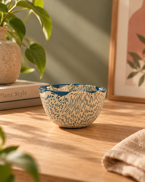 Dune Speckled Nerikomi Ceramic Bowl - Cream & Indigo