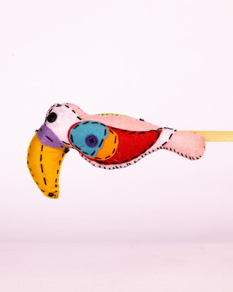 Embroidered Wool-Felt Bird Plant Stake - Coral