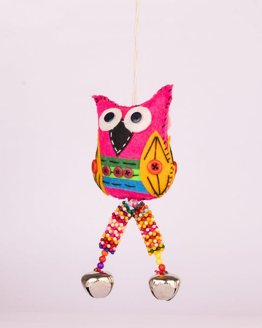 Embroidered Wool-Felt Owl Bell Hanging - Magenta - view 3 of 4