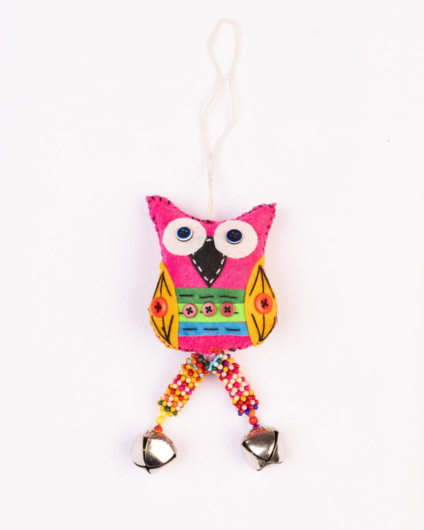 Embroidered Wool-Felt Owl Bell Hanging - Magenta - view 4 of 4