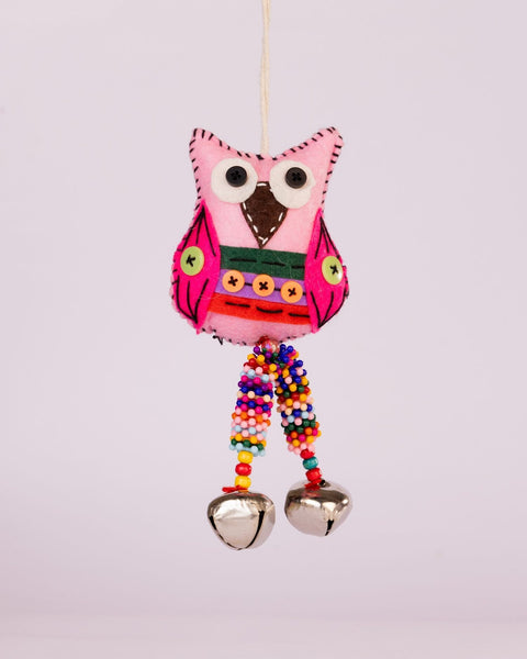 Embroidered Wool-Felt Owl Bell Hanging - Pink