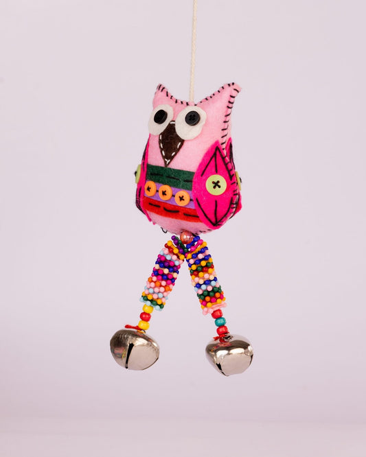 Embroidered Wool-Felt Owl Bell Hanging - Pink - view 2 of 3