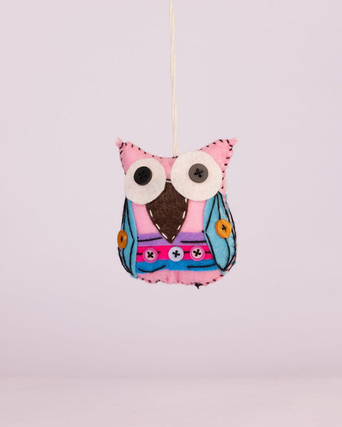 Embroidered Wool-Felt Owl Hanging - Pale Pink