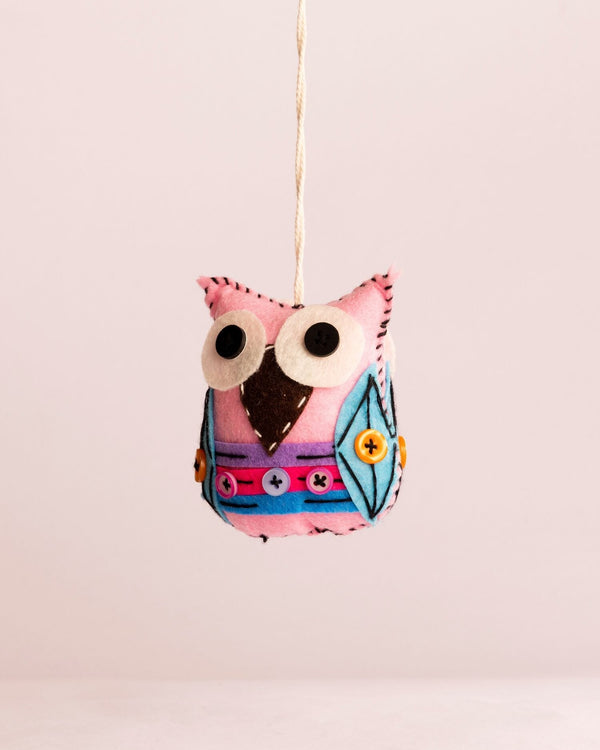 Embroidered Wool-Felt Owl Hanging - Pale Pink - view 3 of 4