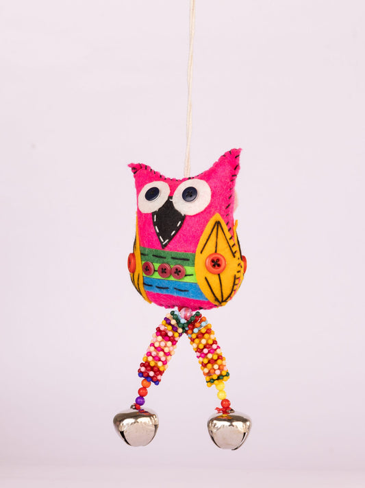 Embroidered Wool-Felt Owl Bell Hanging - Magenta - view 2 of 4