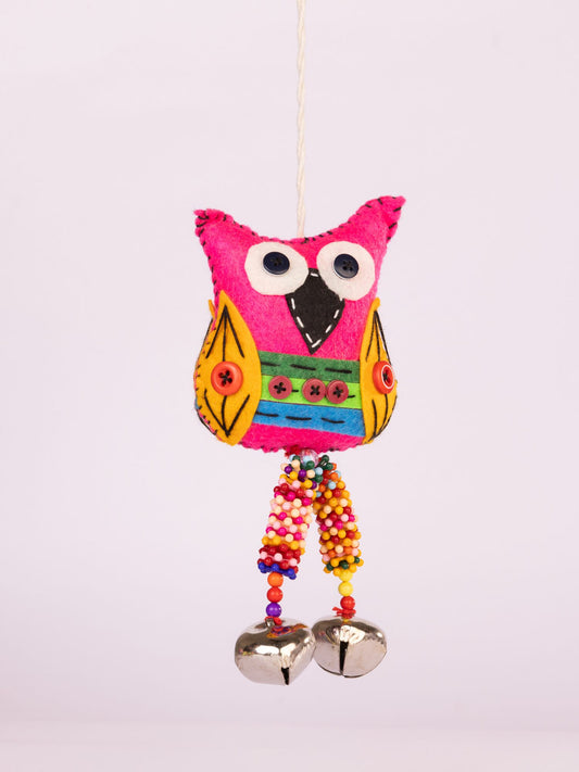 Embroidered Wool-Felt Owl Bell Hanging - Magenta - view 3 of 4