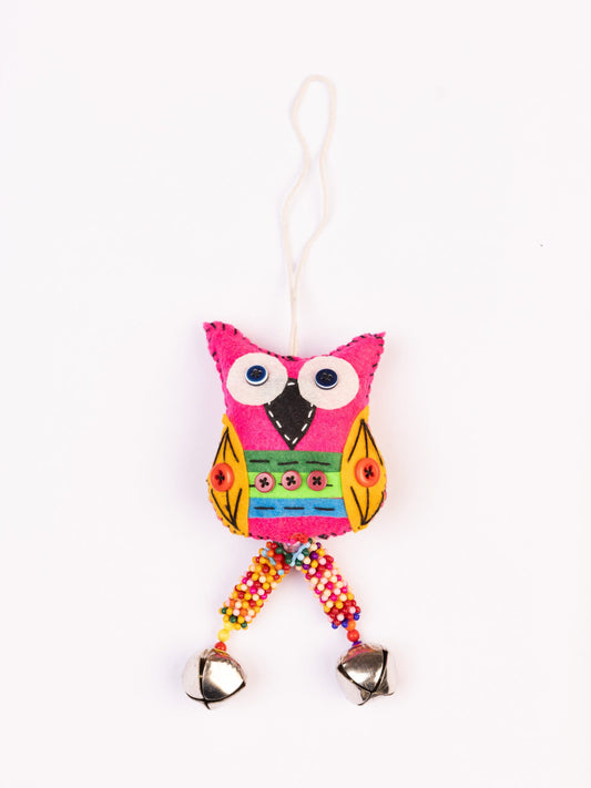 Embroidered Wool-Felt Owl Bell Hanging - Magenta - view 4 of 4