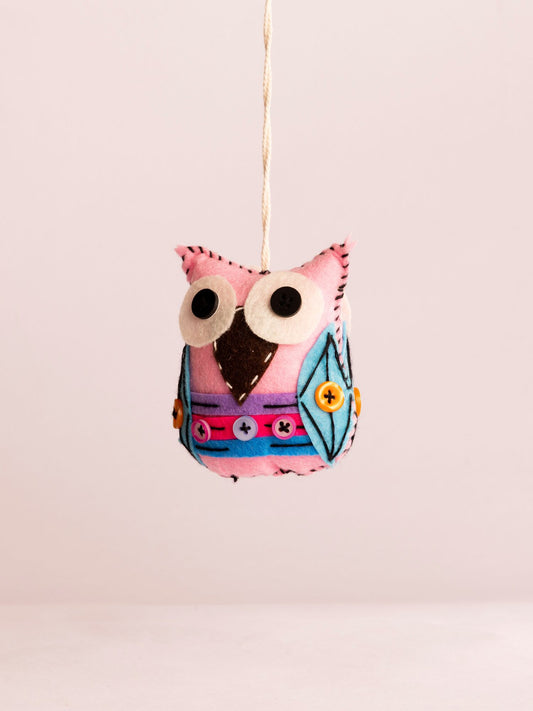 Embroidered Wool-Felt Owl Hanging - Pale Pink - view 2 of 4