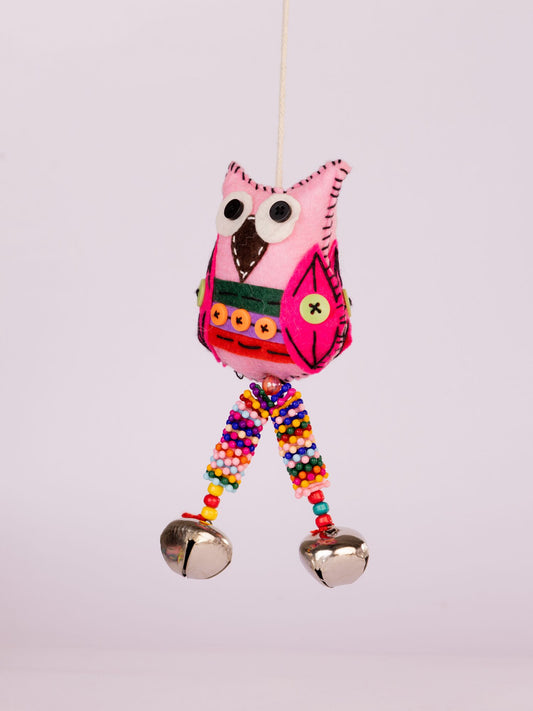 Embroidered Wool-Felt Owl Bell Hanging - Pink - view 2 of 3