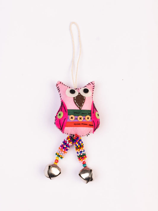 Embroidered Wool-Felt Owl Bell Hanging - Pink - view 3 of 3
