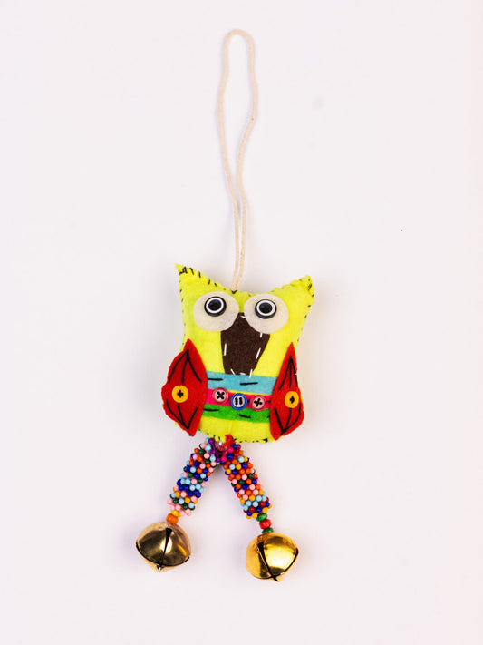 Embroidered Wool-Felt Owl Bell Hanging - Yellow - view 3 of 3