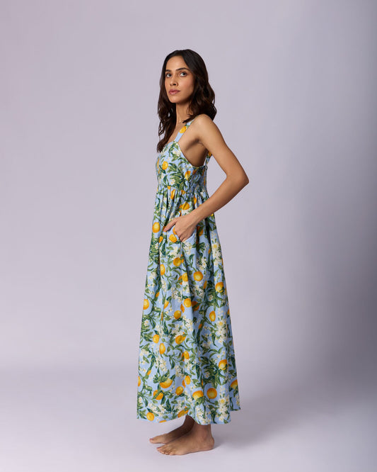 Women's Floral Cotton Maxi Dress - Blue & Green - view 2 of 4