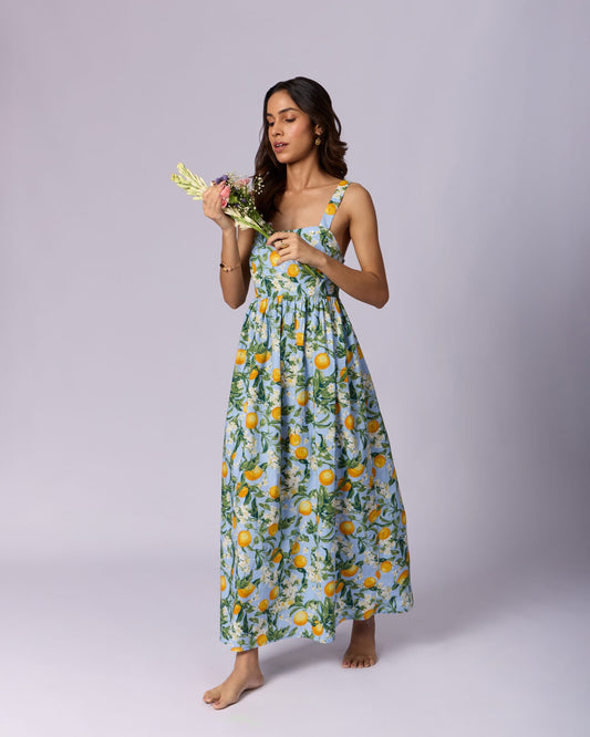Women's Floral Cotton Maxi Dress - Blue & Green - view 4 of 4