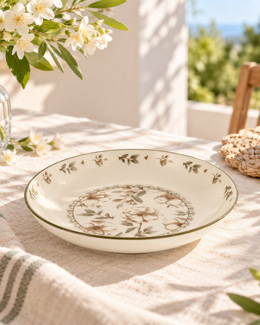 Floral Rim Ceramic Dinner Plate - Sepia, Small by Modus & Mood