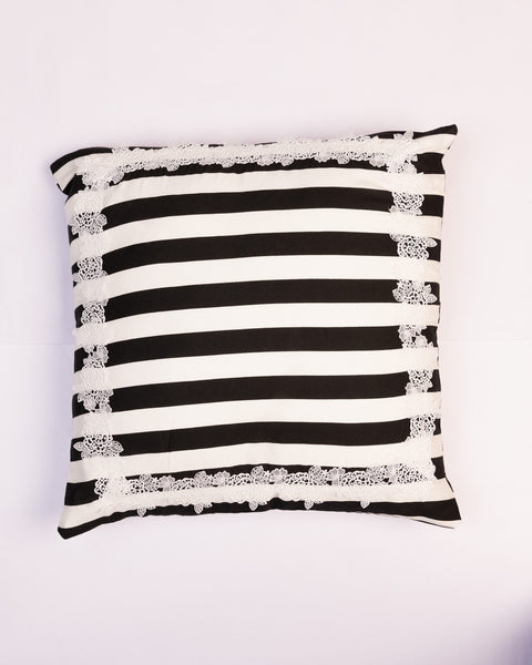 Fringed Stripe Cotton Cushion Cover - Black & White