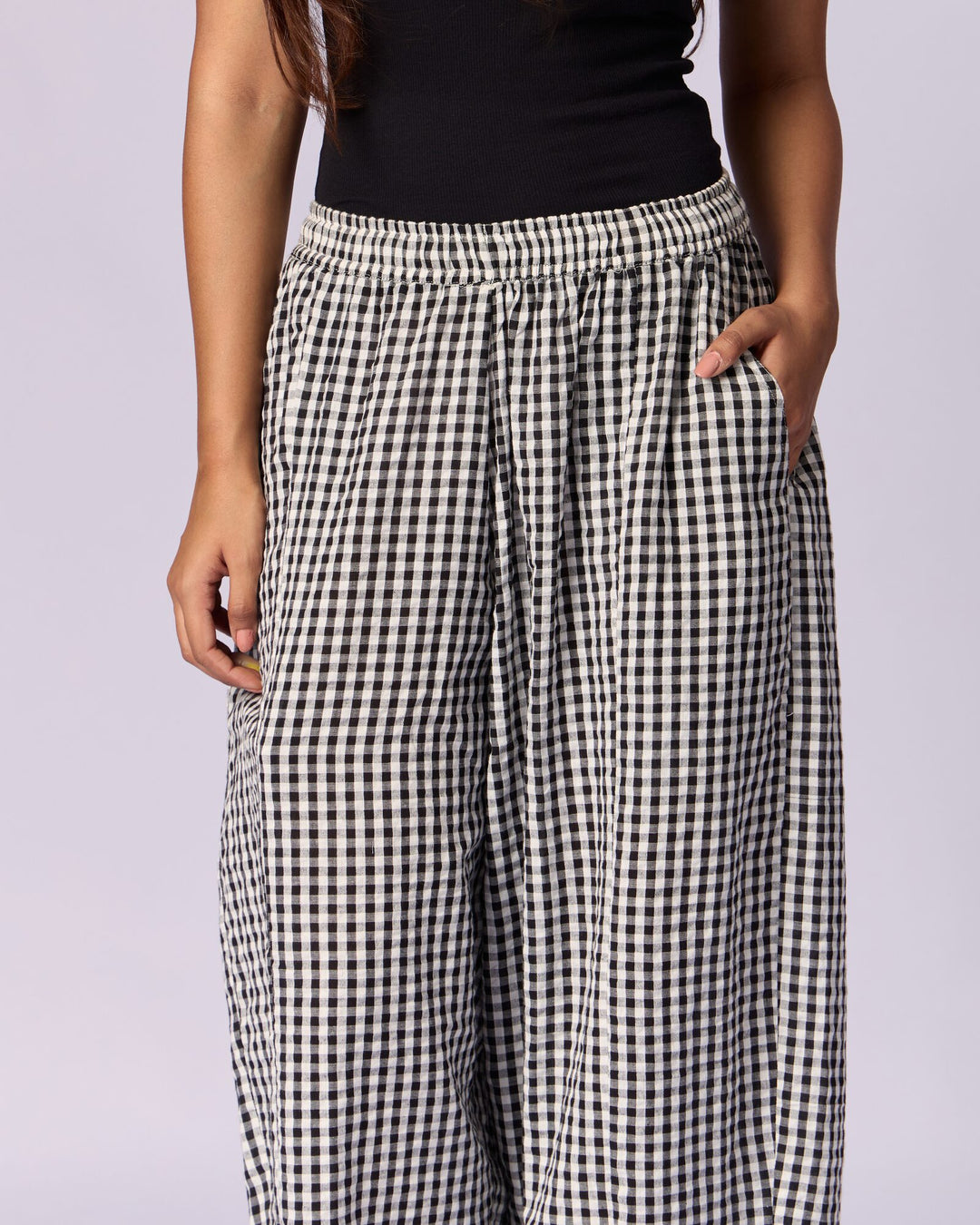 Women's Gingham Wide-Leg Cotton Trousers - Black & White by Modus & Mood