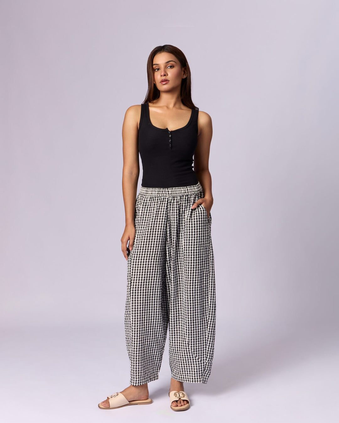Women's Gingham Wide-Leg Cotton Trousers - Black & White - view 2 of 5