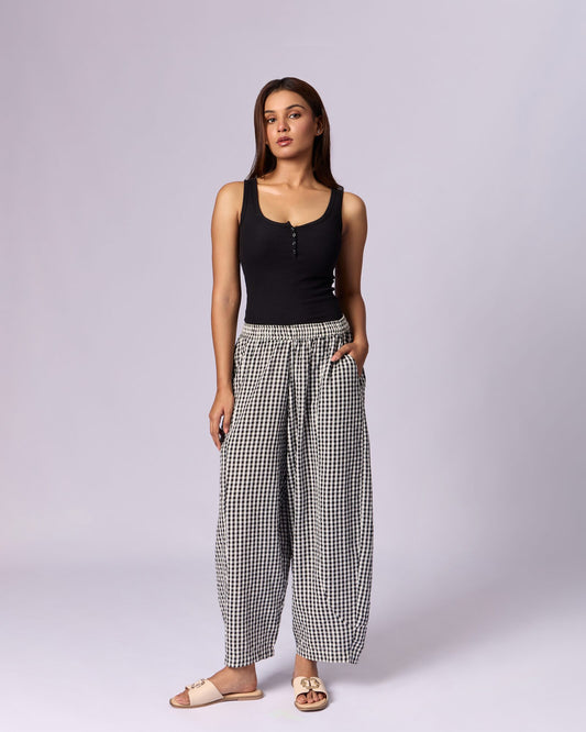 Women's Gingham Wide-Leg Cotton Trousers - Black & White - view 2 of 5