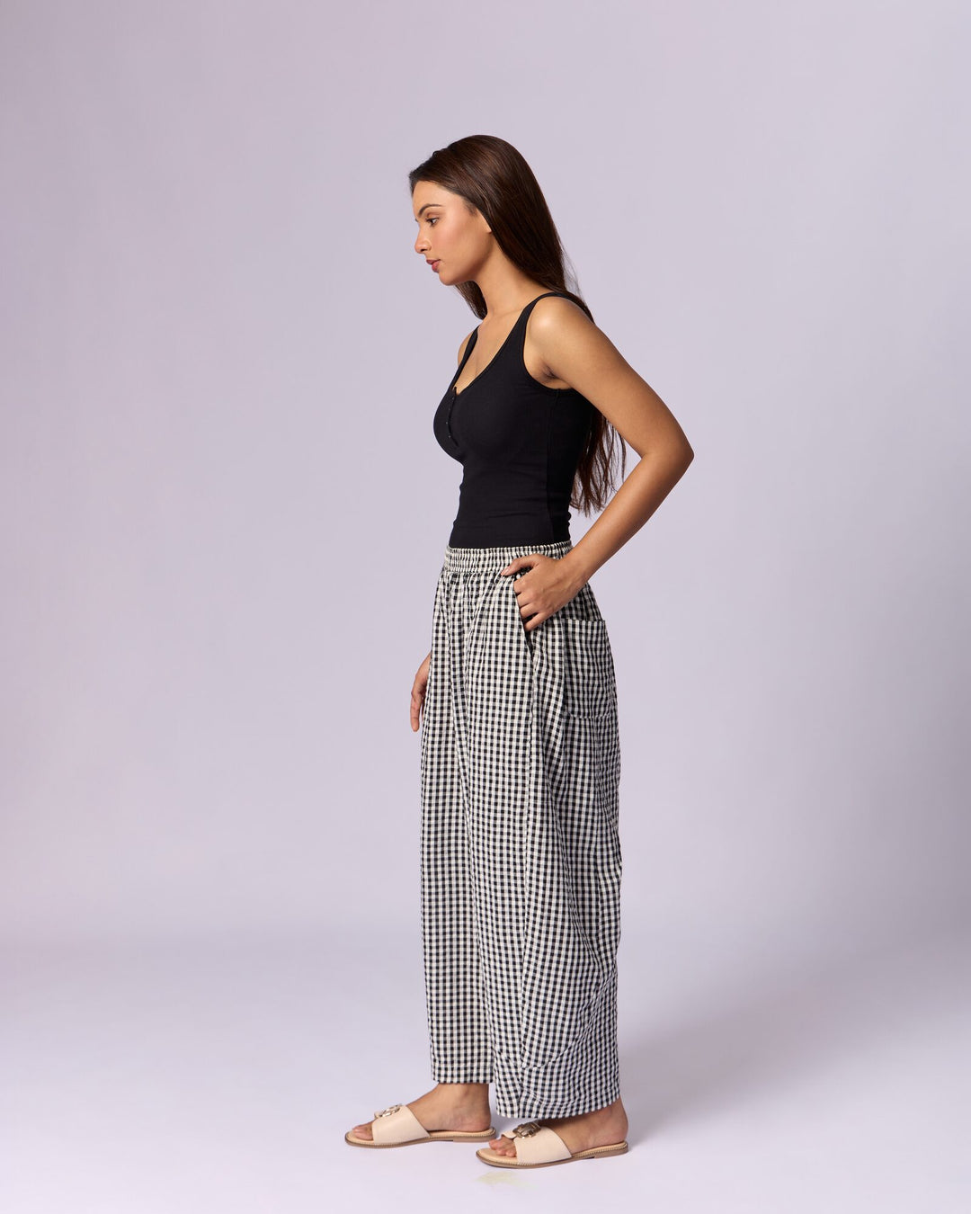 Women's Gingham Wide-Leg Cotton Trousers - Black & White - view 3 of 5