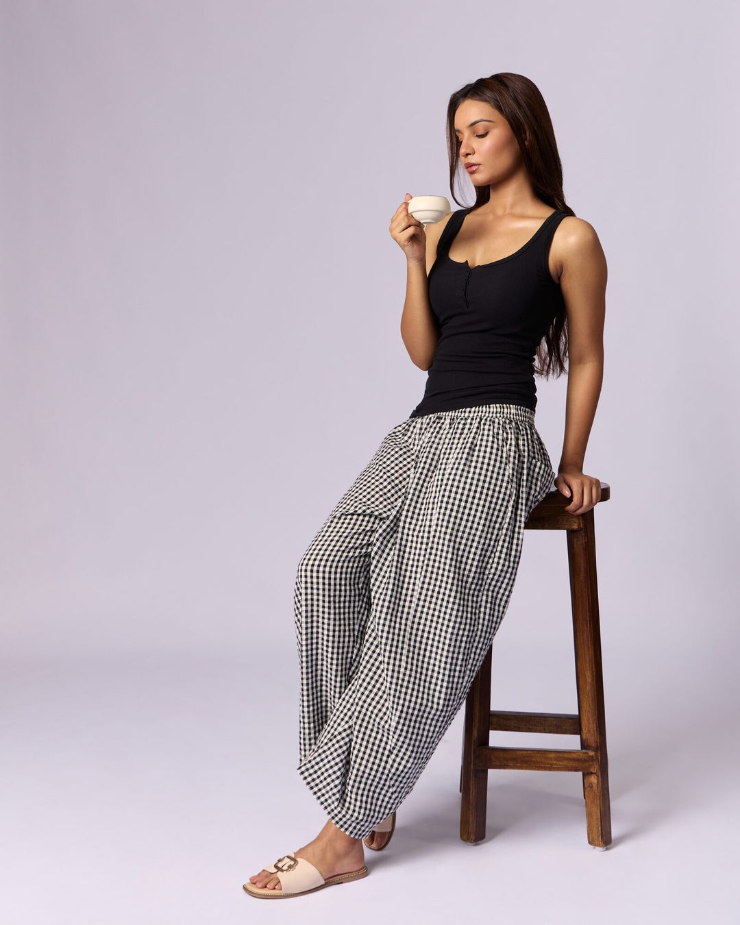 Women's Gingham Wide-Leg Cotton Trousers - Black & White - view 4 of 5