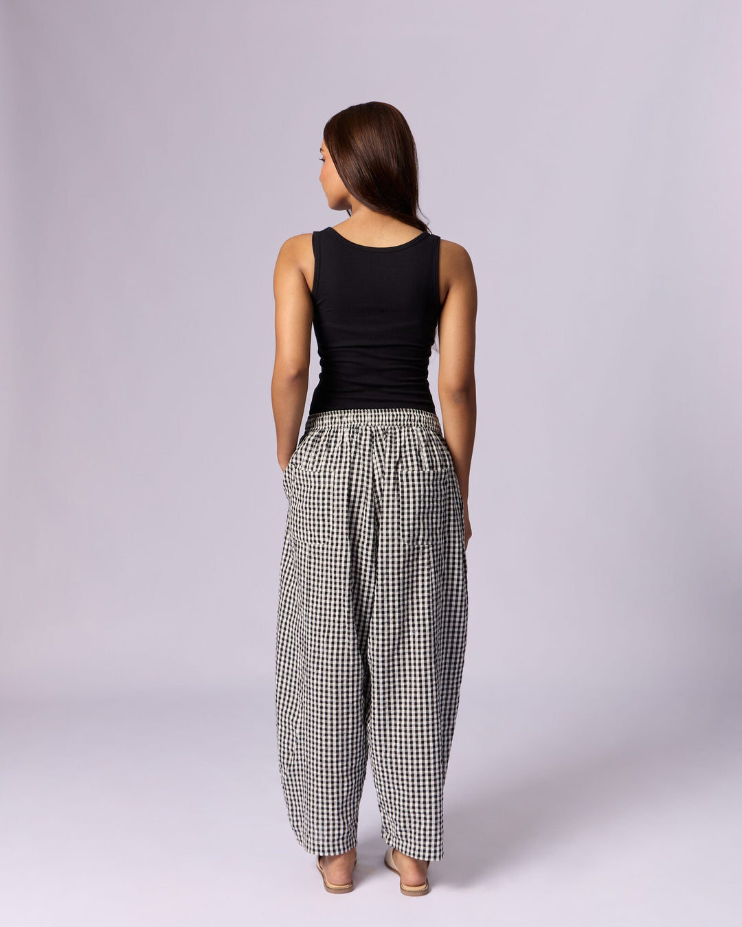 Women's Gingham Wide-Leg Cotton Trousers - Black & White - view 5 of 5
