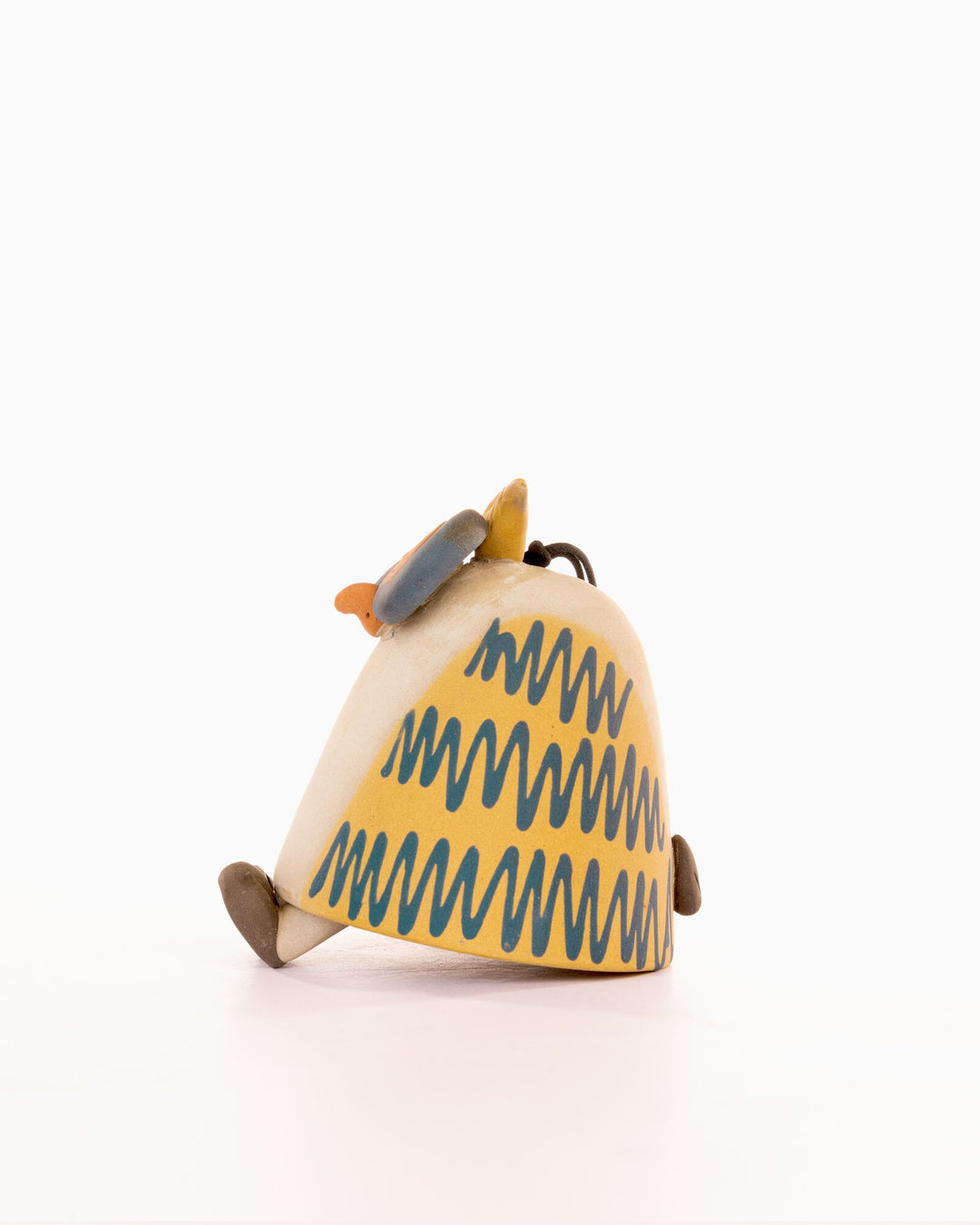 Owl Nerikomi Ceramic Bell Hanging - Blue Zigzag - view 2 of 4