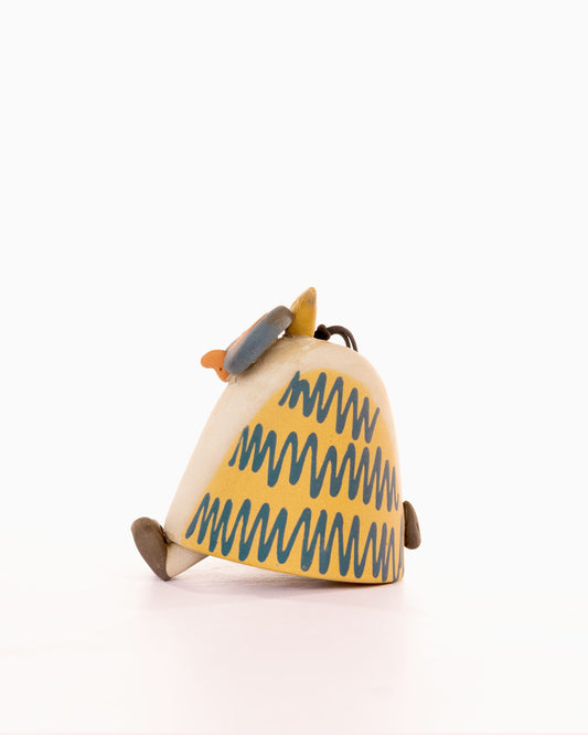 Owl Nerikomi Ceramic Bell Hanging - Blue Zigzag - view 2 of 4