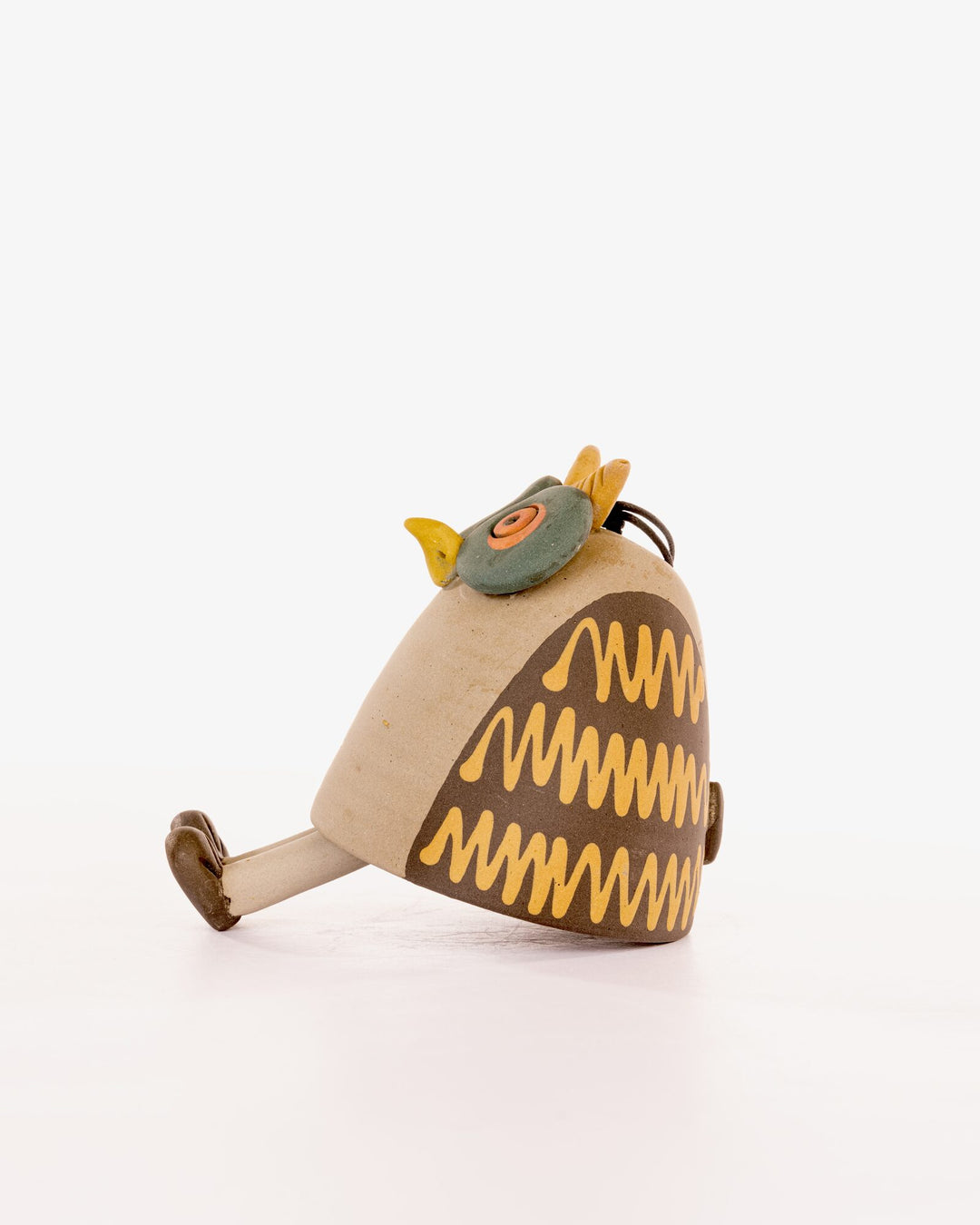 Owl Nerikomi Ceramic Bell Hanging - Ochre Zigzag - view 2 of 4