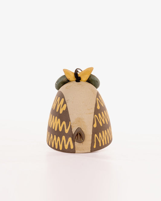 Owl Nerikomi Ceramic Bell Hanging - Ochre Zigzag - view 3 of 4